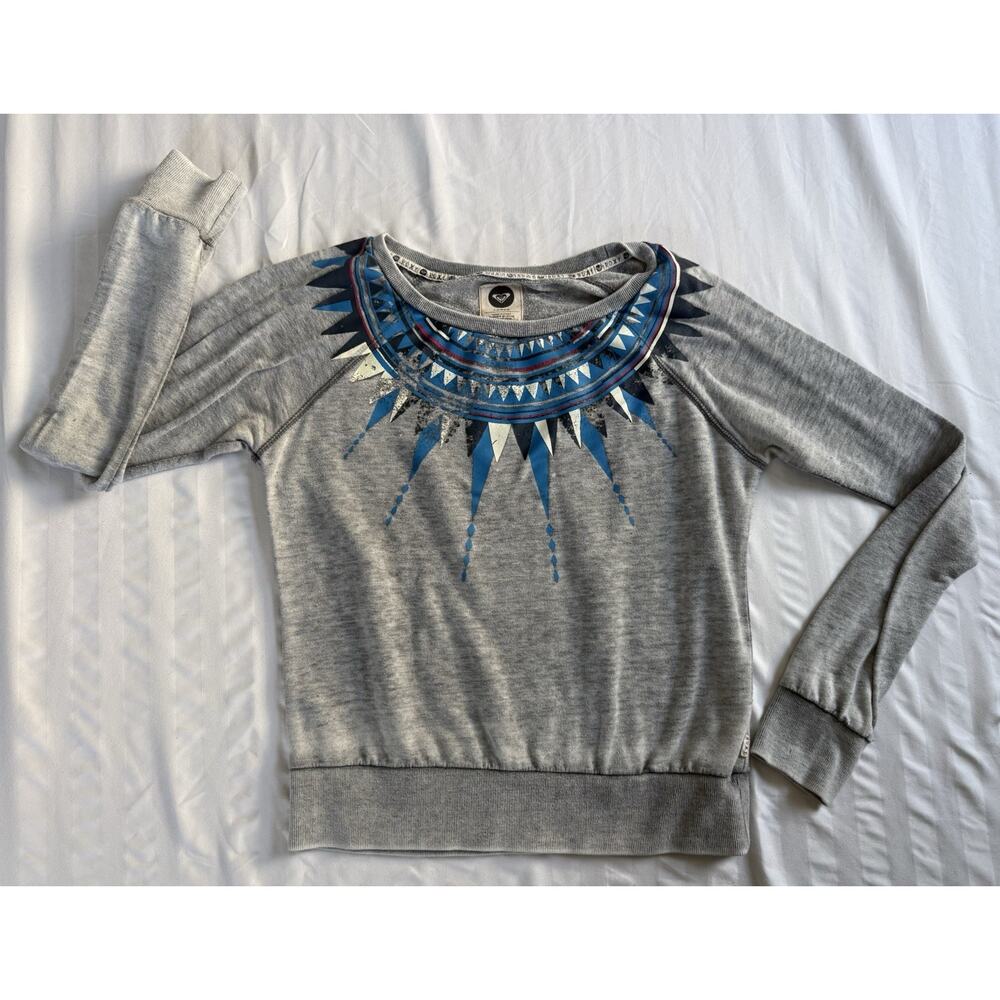 Roxy Pullover Lightweight Sweatshirt Gray Geometric Aztek Size Large